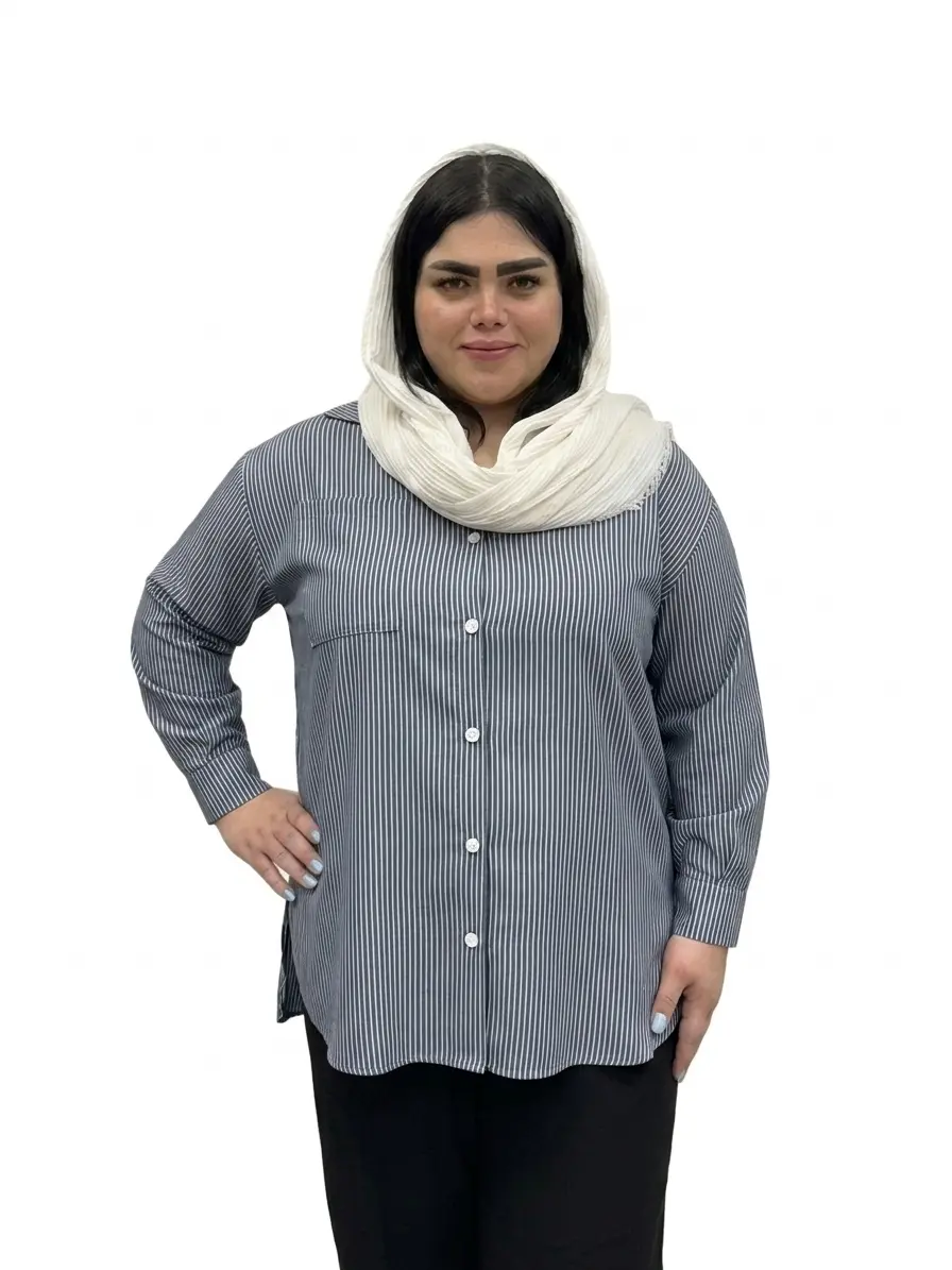 شومیز نخی راه راه یقه دار سایز بزرگ زنانه